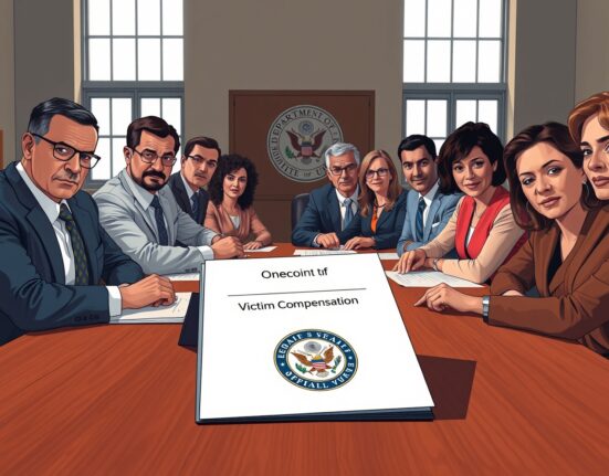 US Department of Justice officials review the OneCoin victim compensation process documents.