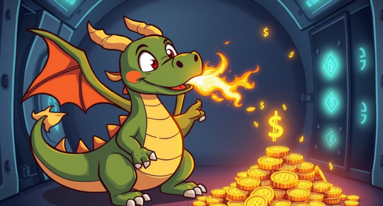 Strategic Ontology Gas tokenomics illustrated by a dragon refining a pile of digital coins.