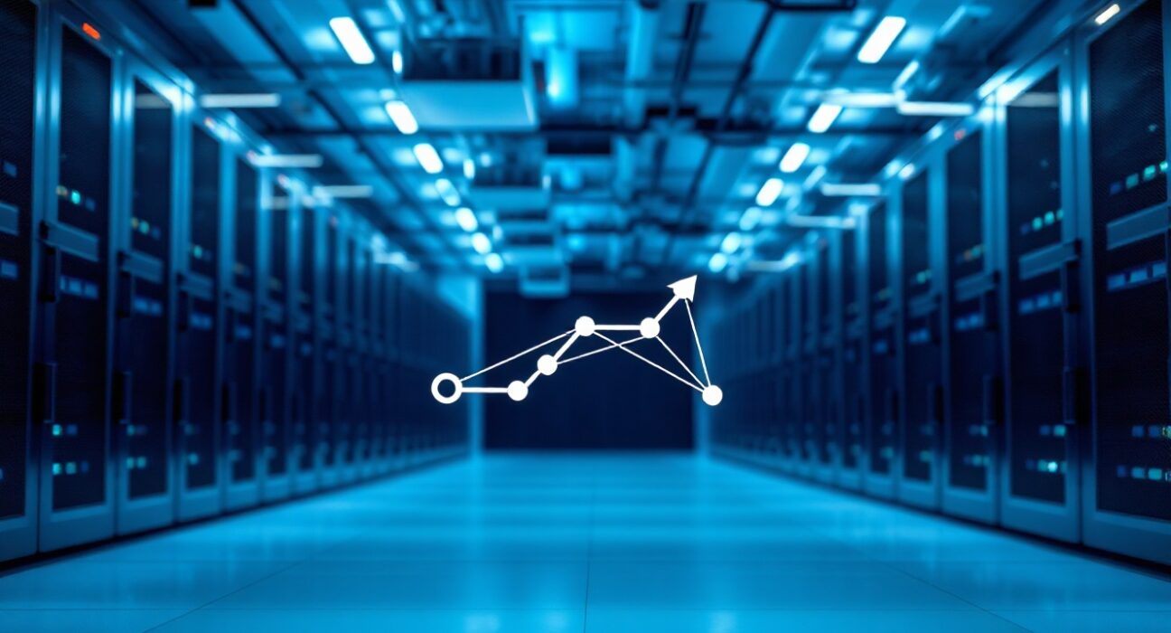 Data center with blockchain network overlay representing Ontology mainnet upgrade