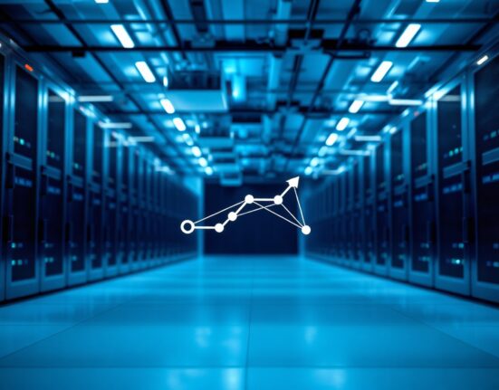 Data center with blockchain network overlay representing Ontology mainnet upgrade