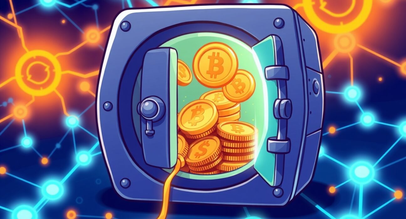 ONG total supply reduction visualized as tokens flowing into a secure vault in a vibrant blockchain scene.