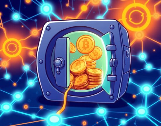 ONG total supply reduction visualized as tokens flowing into a secure vault in a vibrant blockchain scene.