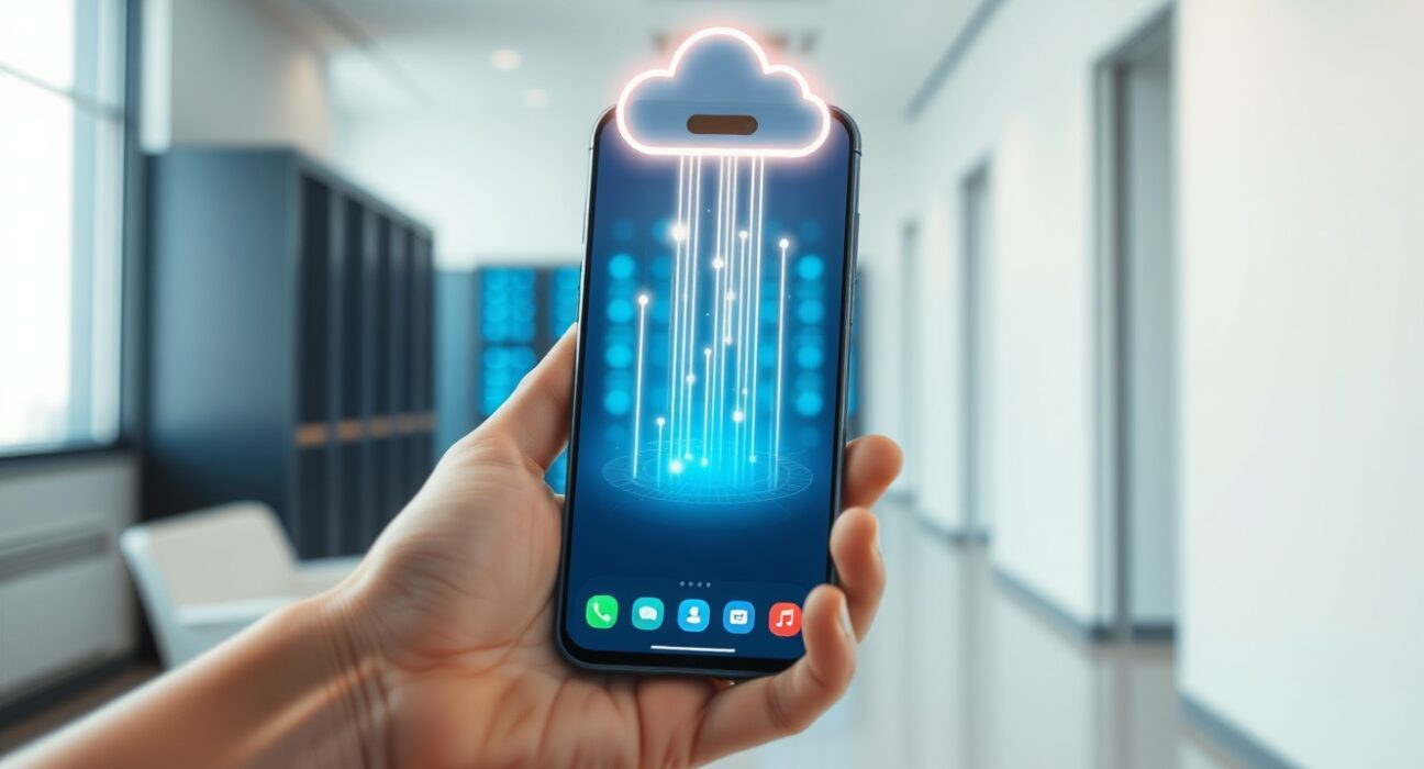 Smartphone displaying ONTO Wallet with data streams flowing to AI cloud network in modern office setting