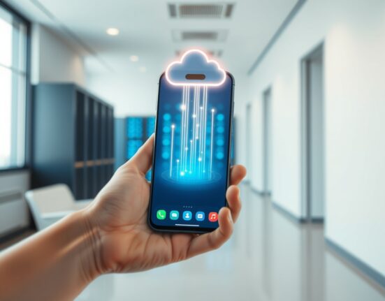 Smartphone displaying ONTO Wallet with data streams flowing to AI cloud network in modern office setting