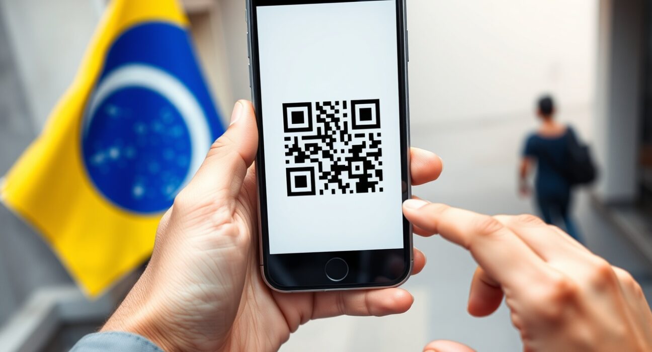 Smartphone displaying a QR code for USDT payment via Brazil's PIX network on a street in Brazil