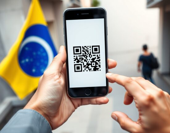 Smartphone displaying a QR code for USDT payment via Brazil's PIX network on a street in Brazil