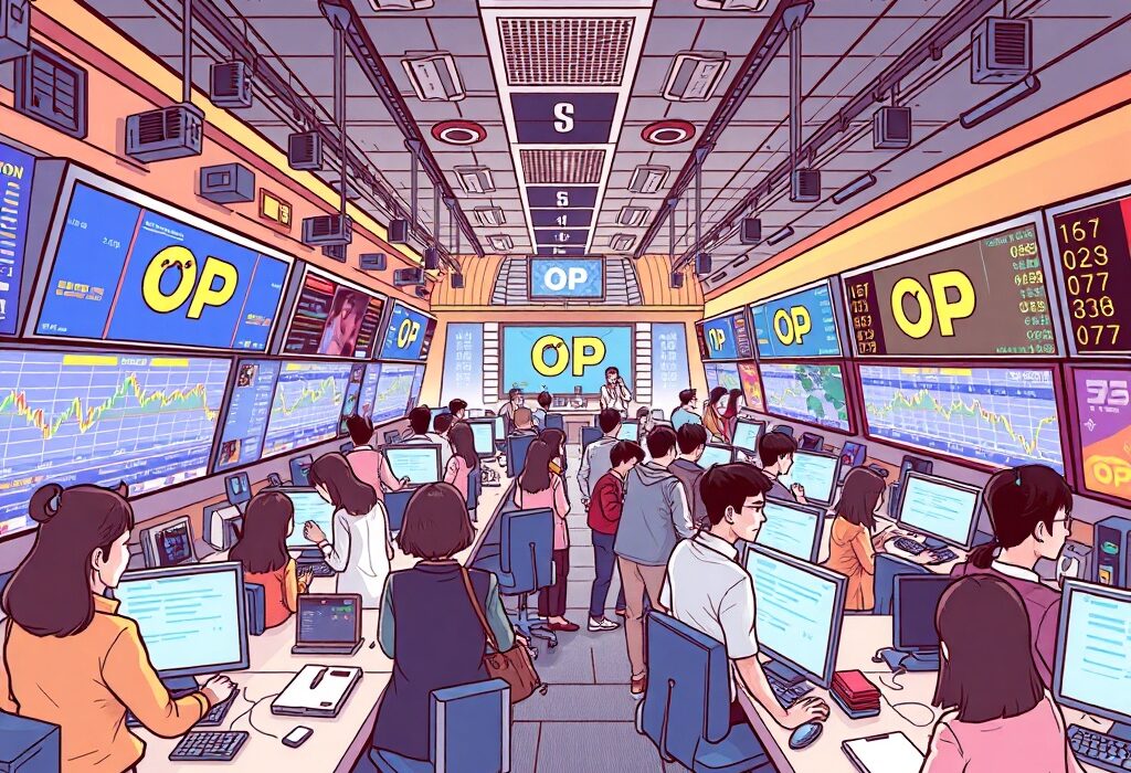 Cartoon illustration of a dynamic crypto exchange interface highlighting the new OP crypto trading pairs on Upbit.
