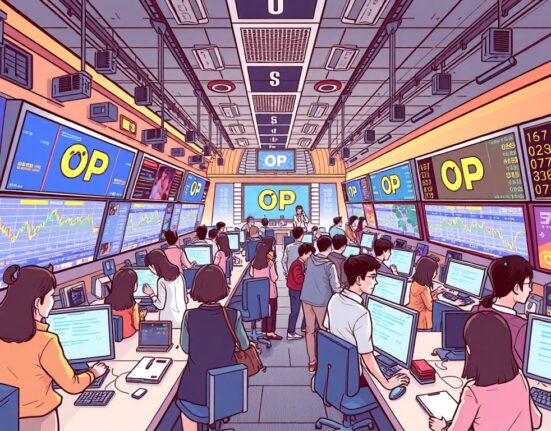 Cartoon illustration of a dynamic crypto exchange interface highlighting the new OP crypto trading pairs on Upbit.