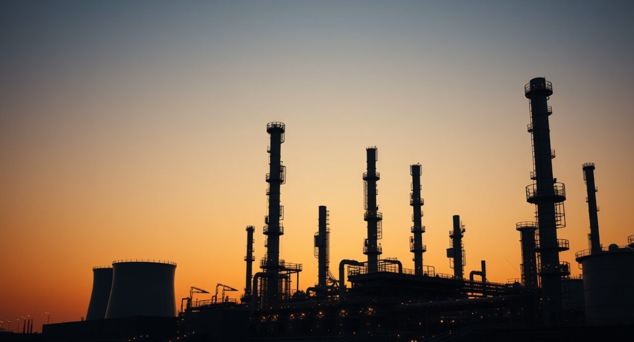 Oil refinery at dusk, symbolizing market uncertainty and OPEC+ fragmentation risks.