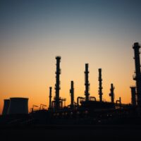 Oil refinery at dusk, symbolizing market uncertainty and OPEC+ fragmentation risks.