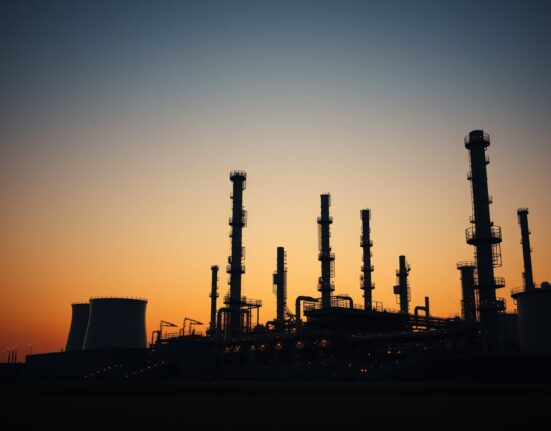 Oil refinery at dusk, symbolizing market uncertainty and OPEC+ fragmentation risks.