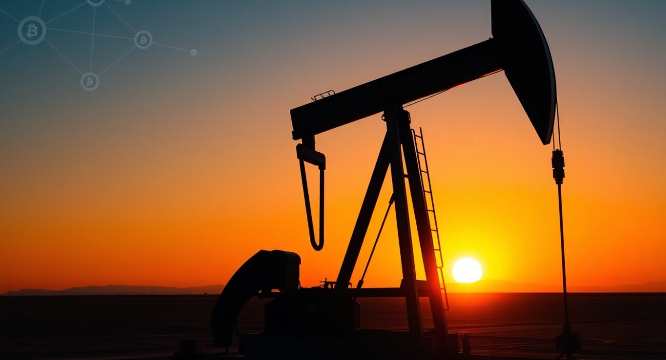 Oil pump jack with blockchain visualization representing OPEC+ decision impact on cryptocurrency mining energy costs