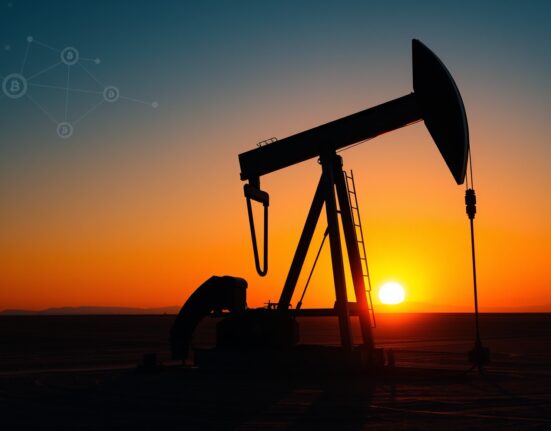 Oil pump jack with blockchain visualization representing OPEC+ decision impact on cryptocurrency mining energy costs