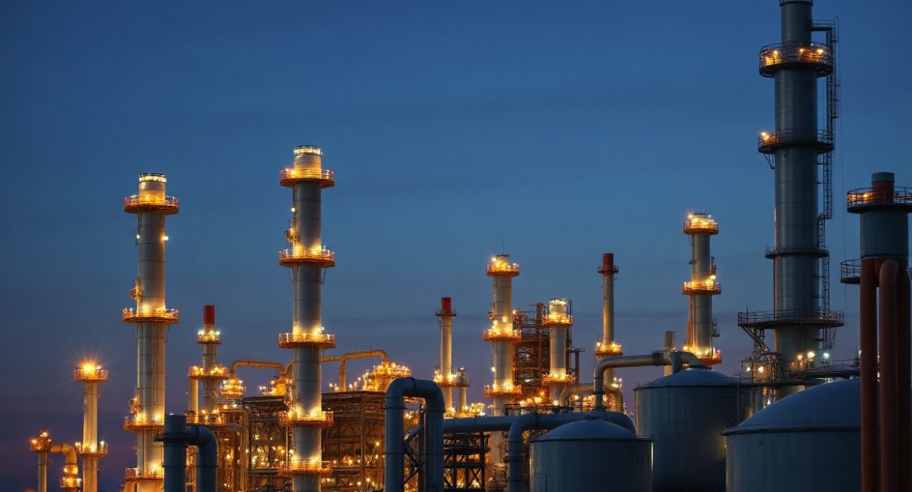 Aerial view of an oil refinery at dusk with illuminated towers and storage tanks
