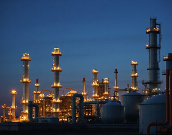 Aerial view of an oil refinery at dusk with illuminated towers and storage tanks