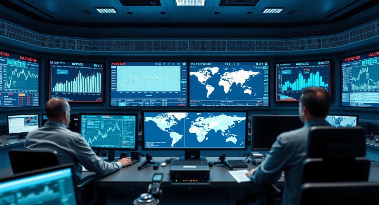 OPEC+ oil production control room with analysts monitoring market data and global supply charts