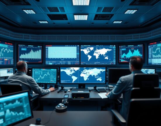 OPEC+ oil production control room with analysts monitoring market data and global supply charts