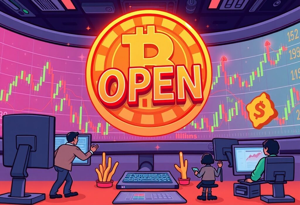 Cartoon illustration showing active traders engaging with a crypto exchange platform for OPEN perpetual futures trading.