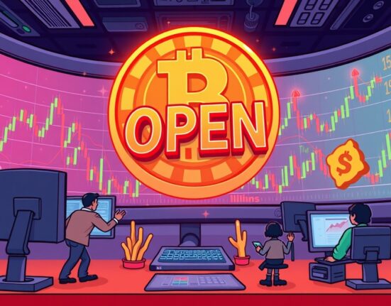 Cartoon illustration showing active traders engaging with a crypto exchange platform for OPEN perpetual futures trading.