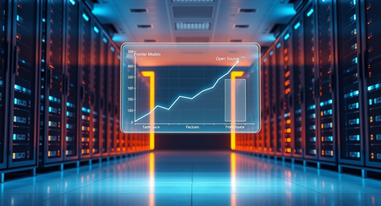 Data center with holographic display showing frontier and open source AI model spending trends