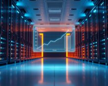 Data center with holographic display showing frontier and open source AI model spending trends