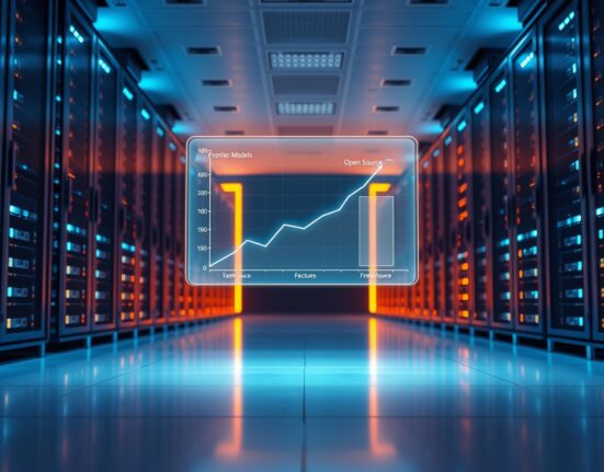 Data center with holographic display showing frontier and open source AI model spending trends