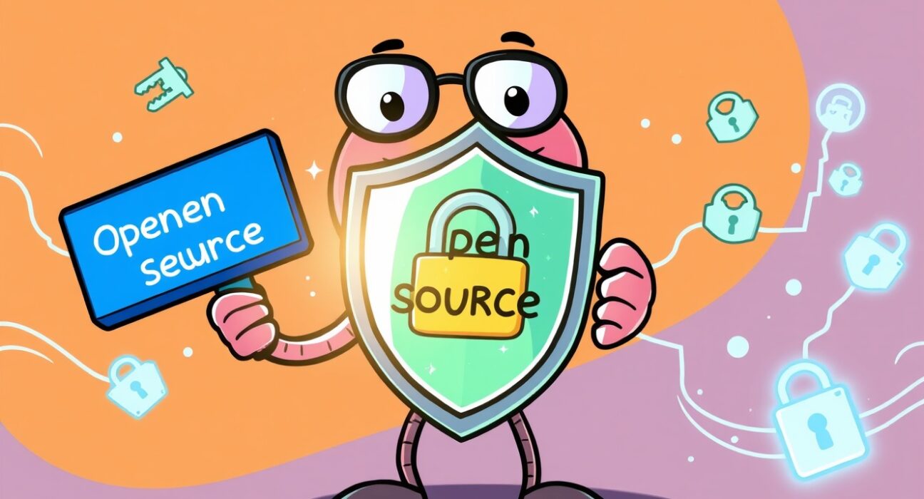 Cartoon illustrating robust digital protection provided by an open-source password manager, symbolizing enhanced online security.