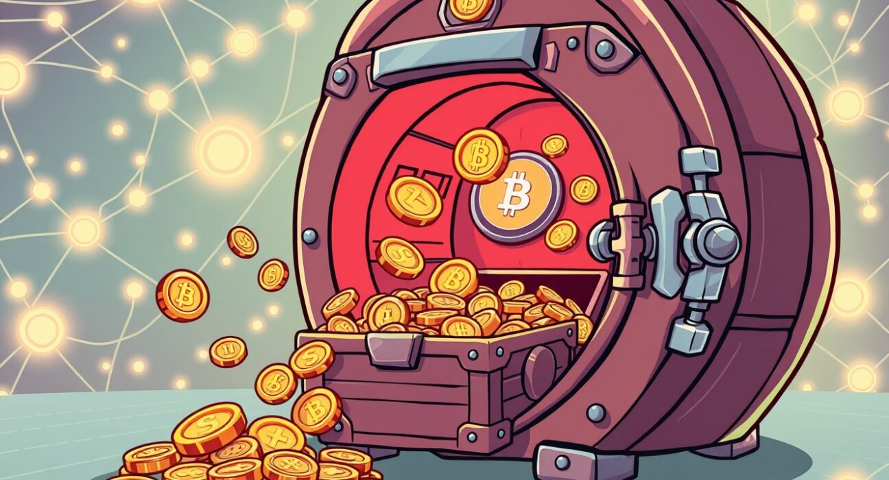 Thrilling OPEN token buyback illustration showing digital tokens accumulating in a secure vault