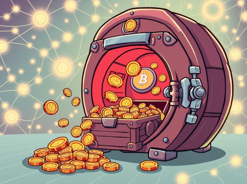 Thrilling OPEN token buyback illustration showing digital tokens accumulating in a secure vault