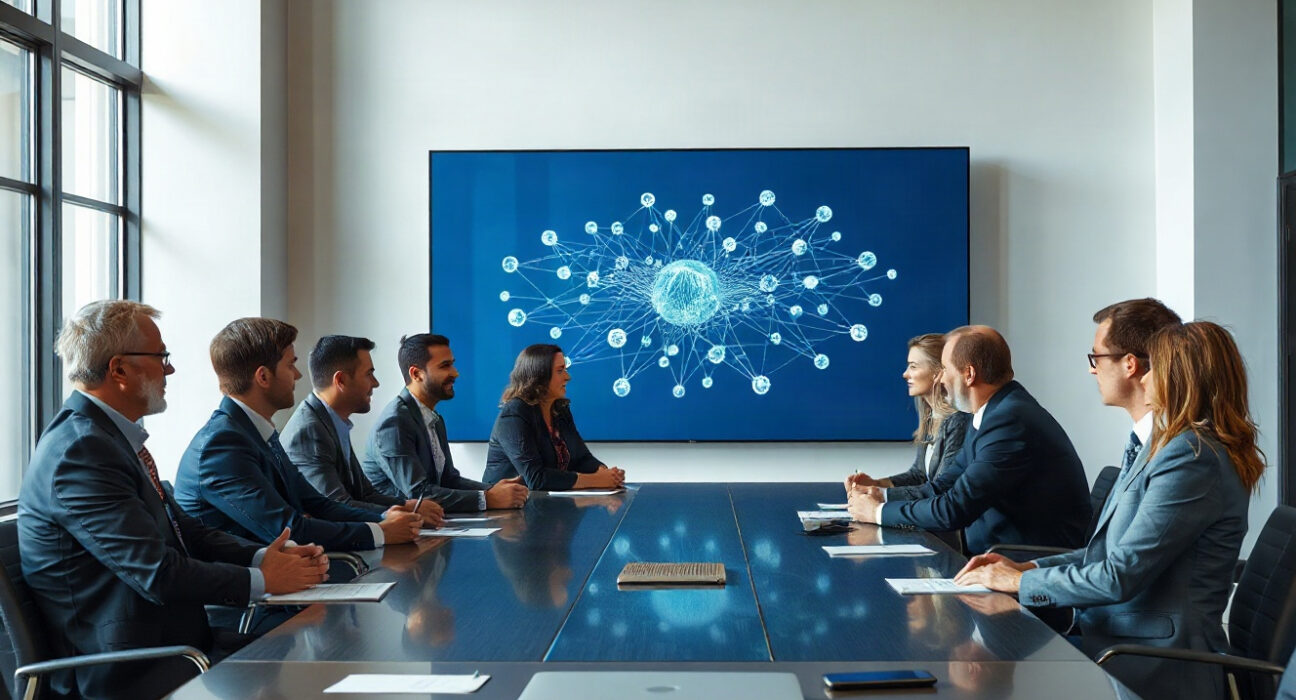 Executives in a boardroom discussing a potential tech acquisition, with a network visualization on a screen.