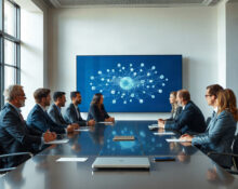 Executives in a boardroom discussing a potential tech acquisition, with a network visualization on a screen.