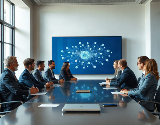 Executives in a boardroom discussing a potential tech acquisition, with a network visualization on a screen.