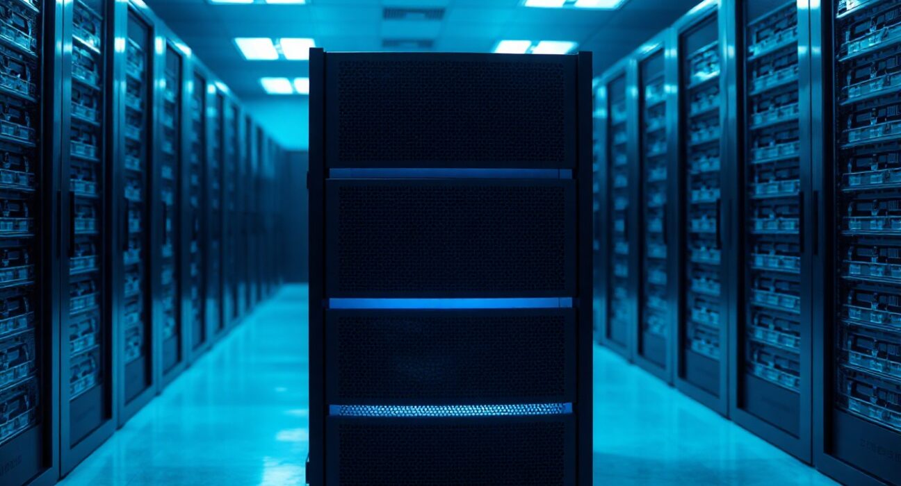 Server racks in a data center representing the infrastructure of open-weight AI models
