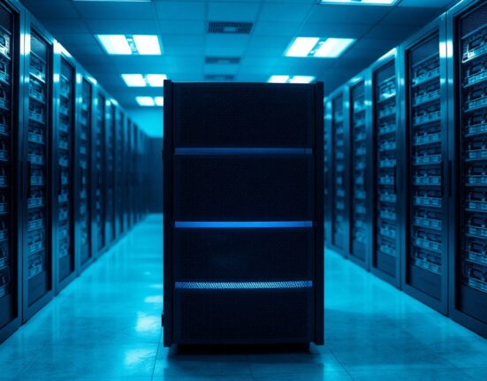 Server racks in a data center representing the infrastructure of open-weight AI models