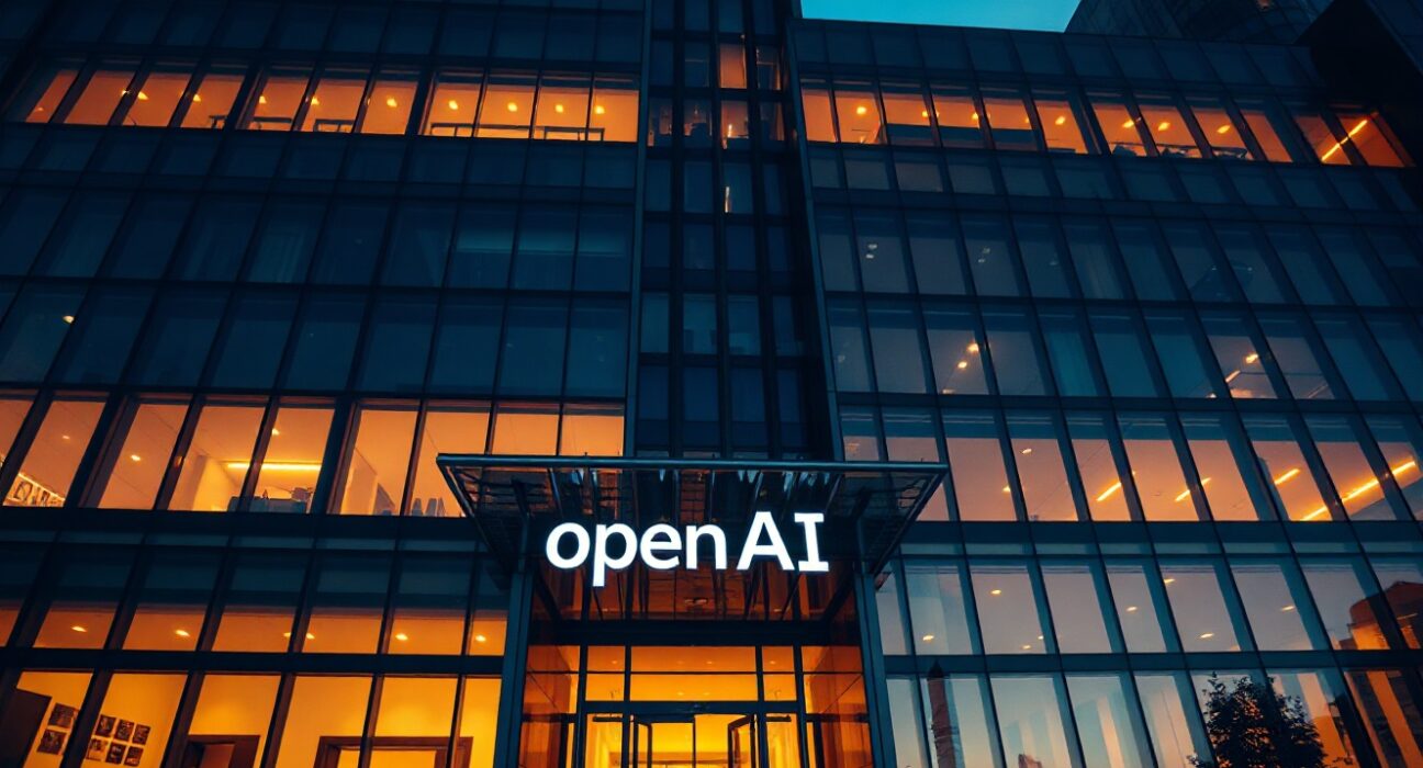 OpenAI headquarters building in San Francisco at dusk, symbolizing the company's financial moves.