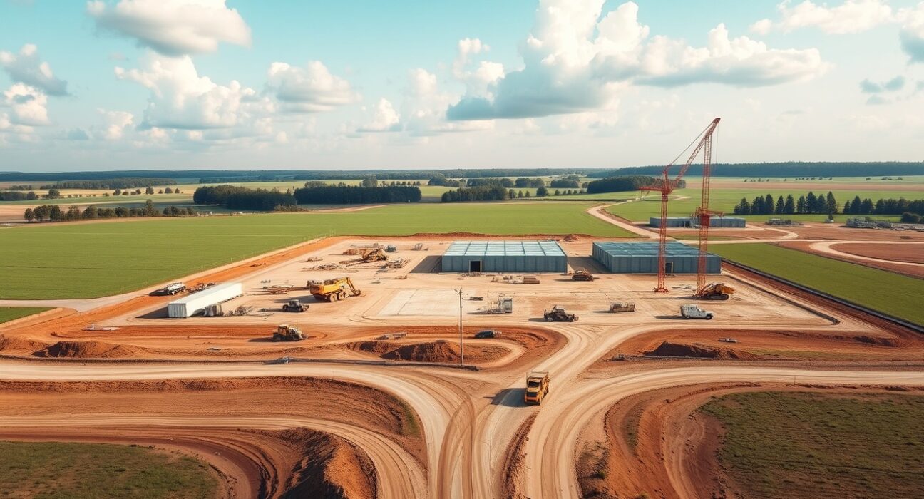Aerial view of a large data center construction site in rural Georgia with heavy machinery and cleared land.