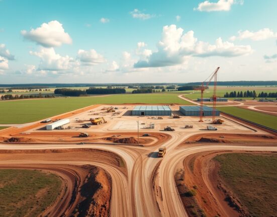 Aerial view of a large data center construction site in rural Georgia with heavy machinery and cleared land.