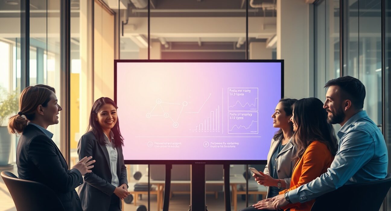 Team collaborating on an AI-generated presentation in a modern office