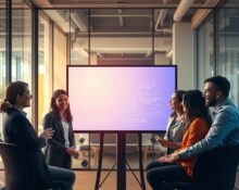 Team collaborating on an AI-generated presentation in a modern office