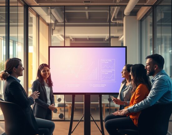Team collaborating on an AI-generated presentation in a modern office