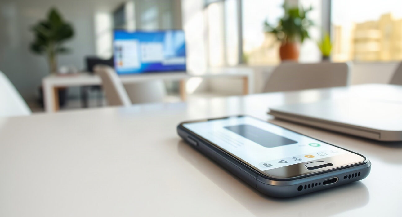 Smartphone displaying ChatGPT interface with an ad placeholder on a desk