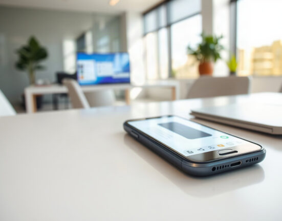 Smartphone displaying ChatGPT interface with an ad placeholder on a desk