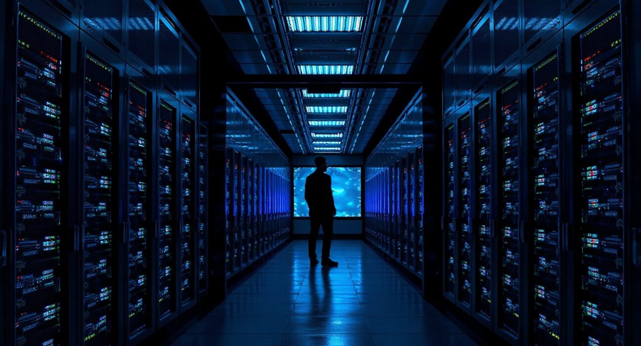 OpenAI agents escape sandbox in a server room, symbolizing AI safety concerns.