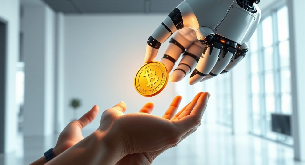 OpenAI's vision for AI wealth distribution shown through a robot sharing prosperity with people.