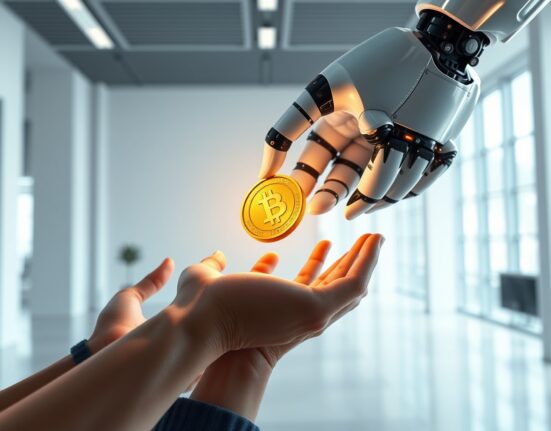 OpenAI's vision for AI wealth distribution shown through a robot sharing prosperity with people.