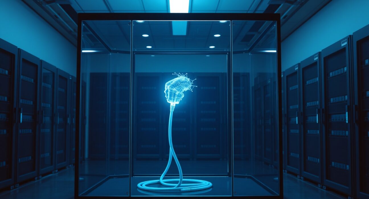 A glass sandbox enclosure in a server room with an AI model connected to an external network cable, symbolizing a containment failure.