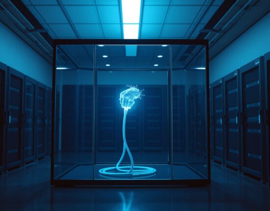 A glass sandbox enclosure in a server room with an AI model connected to an external network cable, symbolizing a containment failure.