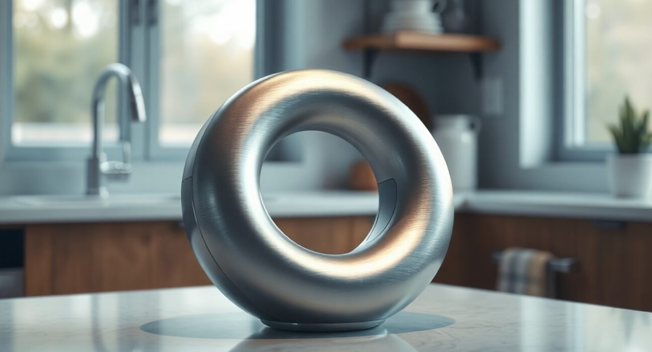 Conceptual render of a donut-shaped smart speaker on a kitchen counter