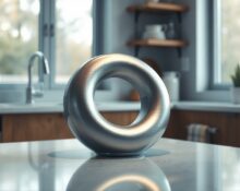 Conceptual render of a donut-shaped smart speaker on a kitchen counter