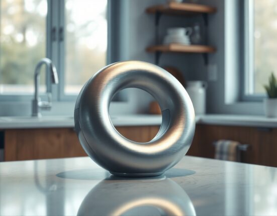 Conceptual render of a donut-shaped smart speaker on a kitchen counter
